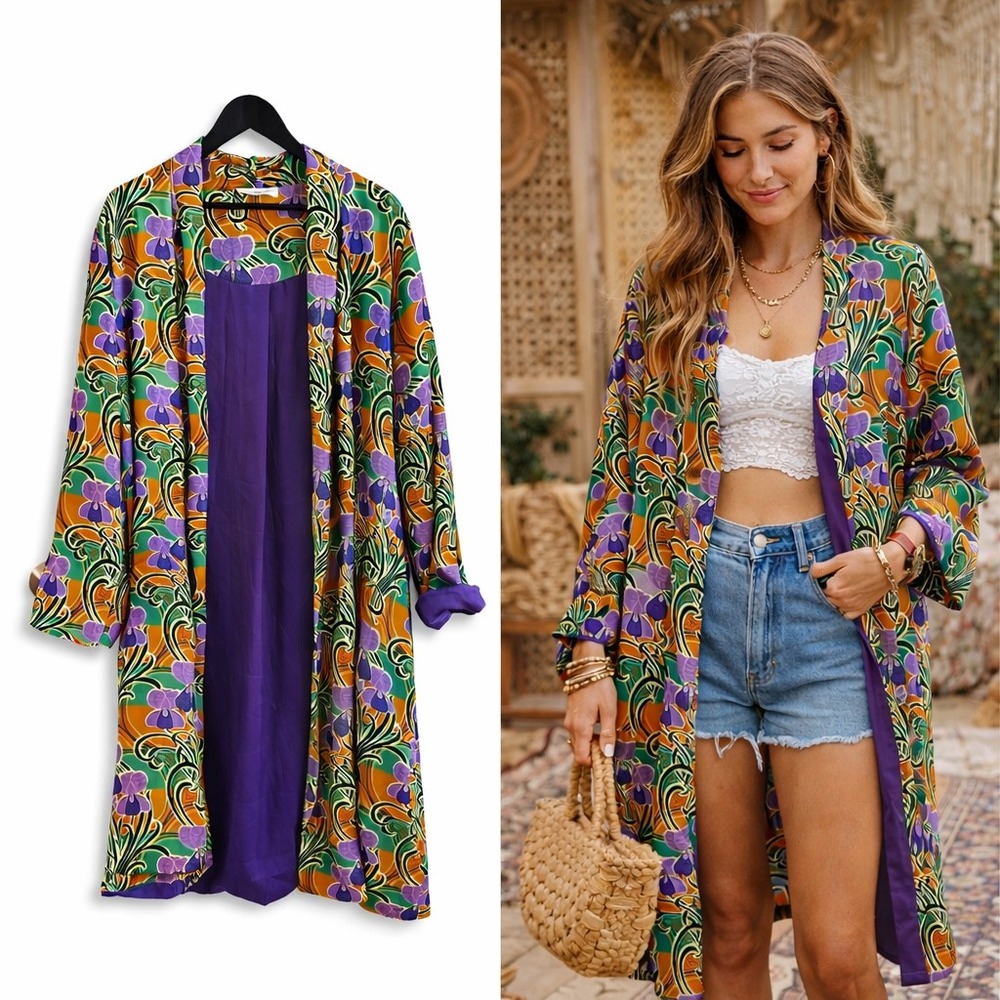 Studio 66 Paris Duster Cardigan Women One Size Purple Floral Art Nouveau Italy